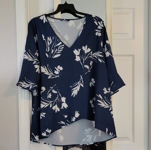 BloomChic Blue and White Asymmetrical 3/4 Sleeve Blouse